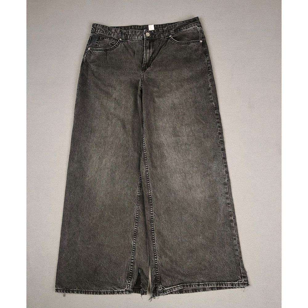 H & M Wide Leg Baggy Jeans Women 12 Black Faded Distressed Skater Grunge Rave